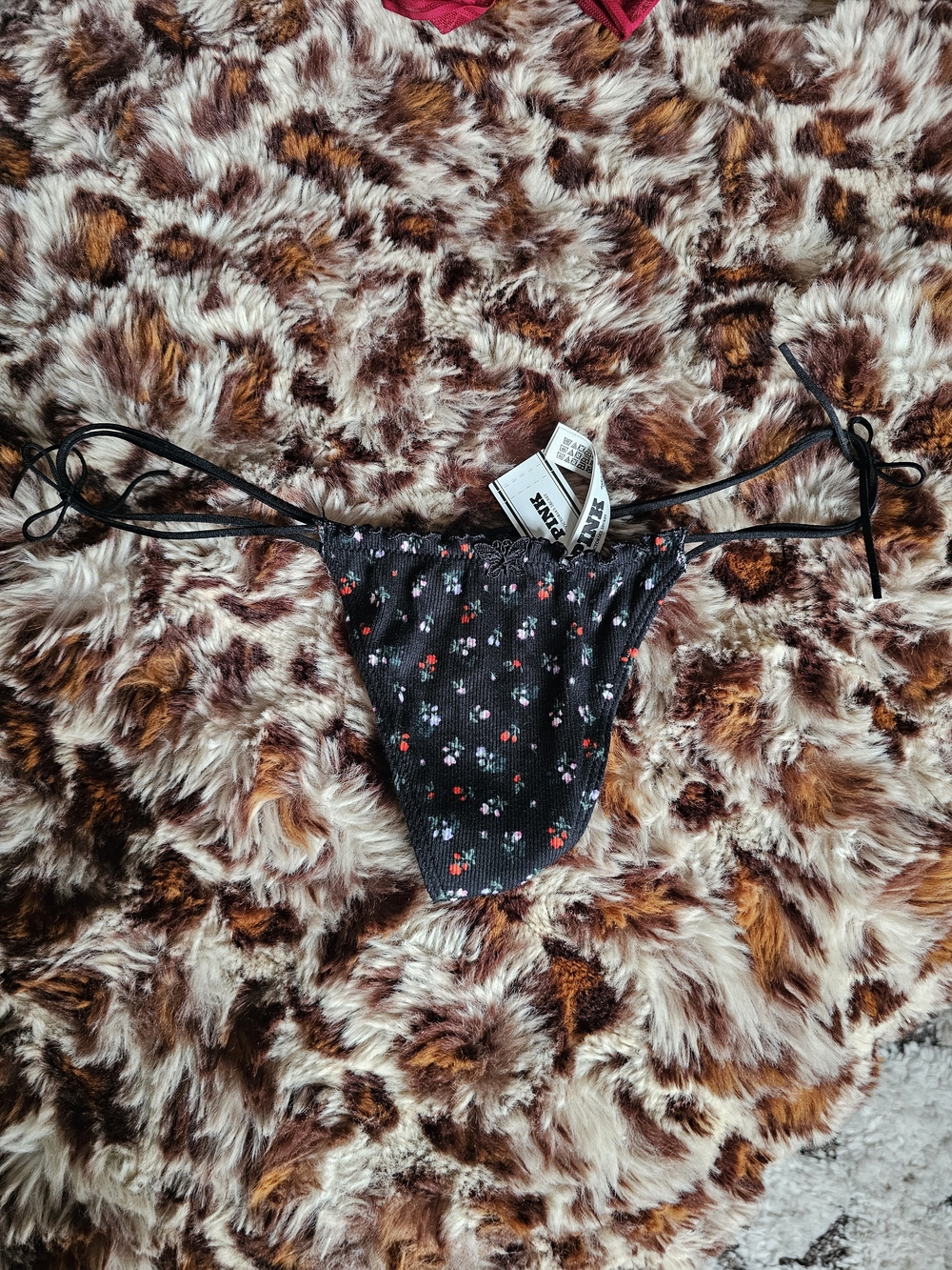 Victoria's Secret Black Floral String Bikini Bottom with Multicolor Flowers